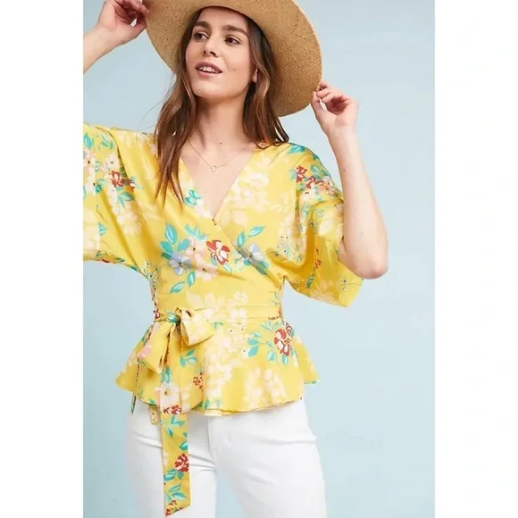 NWT Anthropologie Yumi Kim 100% Silk Floral Yellow Wrap Blouse Small​​​ - Picture 7 of 11